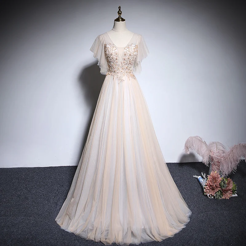 Evening Dress Flowers Embroidery Elegant Backless Floor-Length V-Neck Ruffles A-Line Short Sleeves Party Formal Gown Woman B451
Evening Dress Flowers Embroidery Elegant Backless Floor-Length V-Neck Ruffles A-Line Short Sleeves Party Formal Gown Woman B451