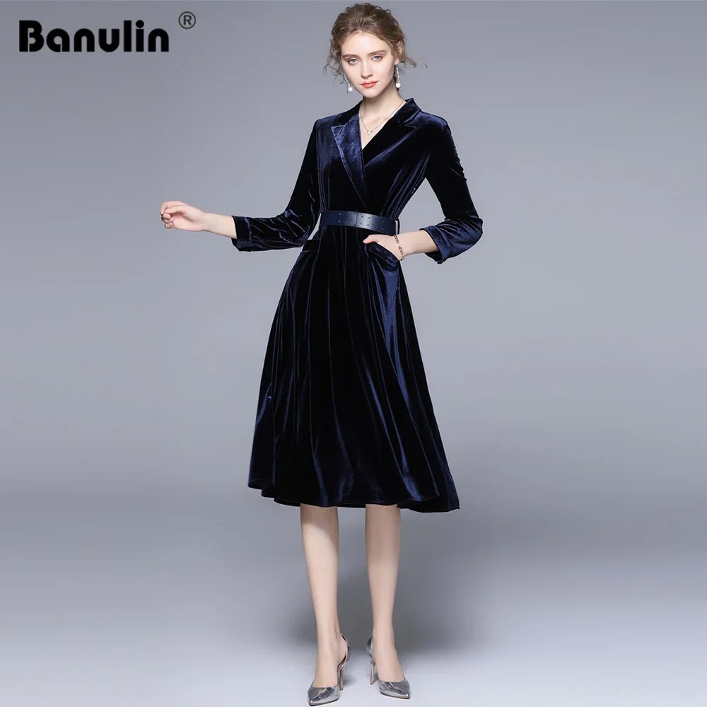 Banulin Autumn Winter Velvet Blazer Dress Runway Fashion Female Notched Collar Double-breasted Long Sleeve Midi Dress with Belt
Banulin Autumn Winter Velvet Blazer Dress Runway Fashion Female Notched Collar Double-breasted Long Sleeve Midi Dress with Belt