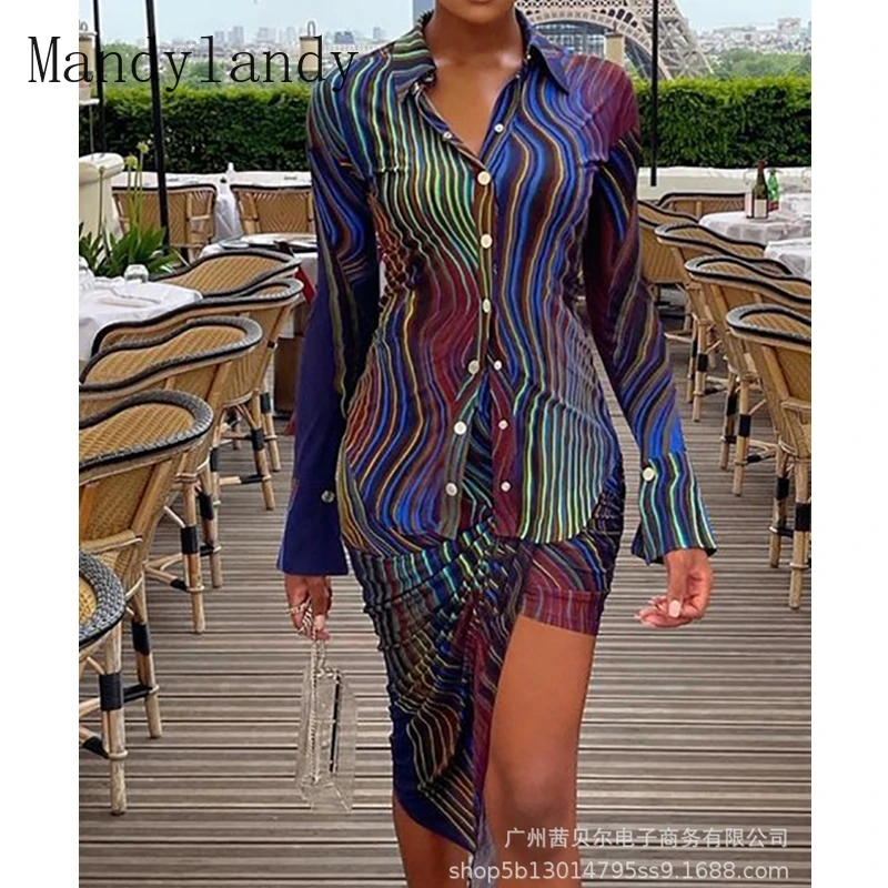 Mandylandy Autumn Long Sleeve Turn-down Collar Shirt + High Waist Slit Irregular Skirt Suit Women's Slim Striped Printing Suit
Mandylandy Autumn Long Sleeve Turn-down Collar Shirt + High Waist Slit Irregular Skirt Suit Women's Slim Striped Printing Suit