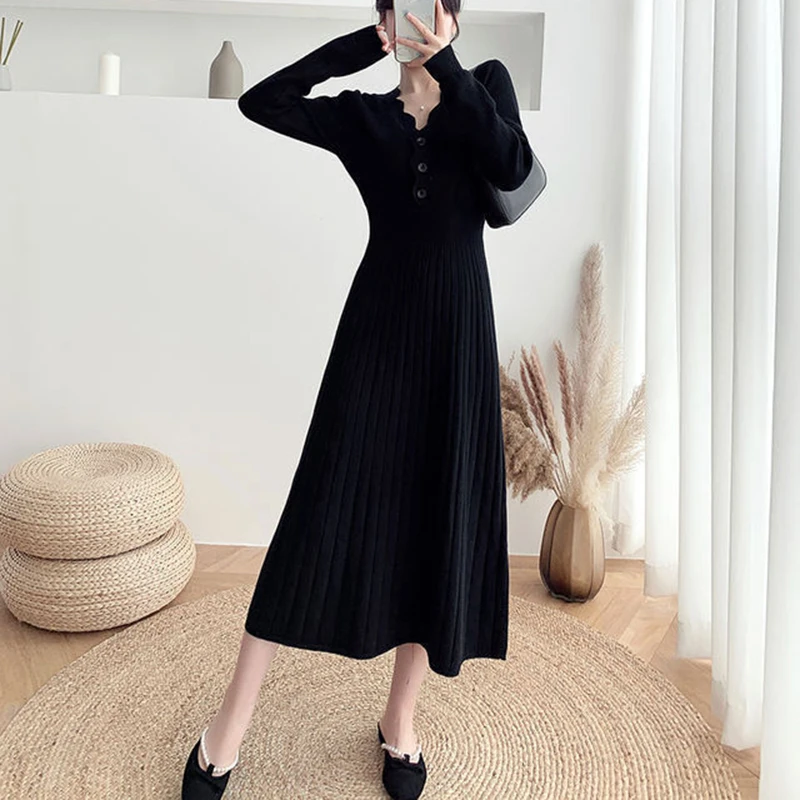 Fashion Single-Breasted V-Neck Long Sleeve Knitted Dress Spring High Waist Mid-Length A-Line Dress Korean Style Women's Dresses
Fashion Single-Breasted V-Neck Long Sleeve Knitted Dress Spring High Waist Mid-Length A-Line Dress Korean Style Women's Dresses