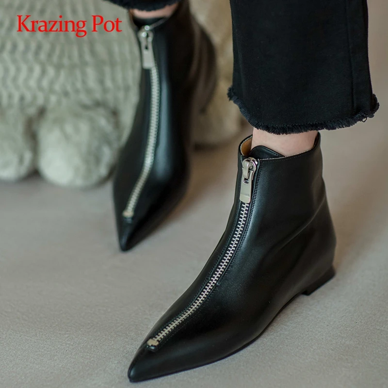 Krazing pot fashion boots natural leather european design pointed toe thick low heel zipper beauty lady modern ankle boots L88
Krazing pot fashion boots natural leather european design pointed toe thick low heel zipper beauty lady modern ankle boots L88