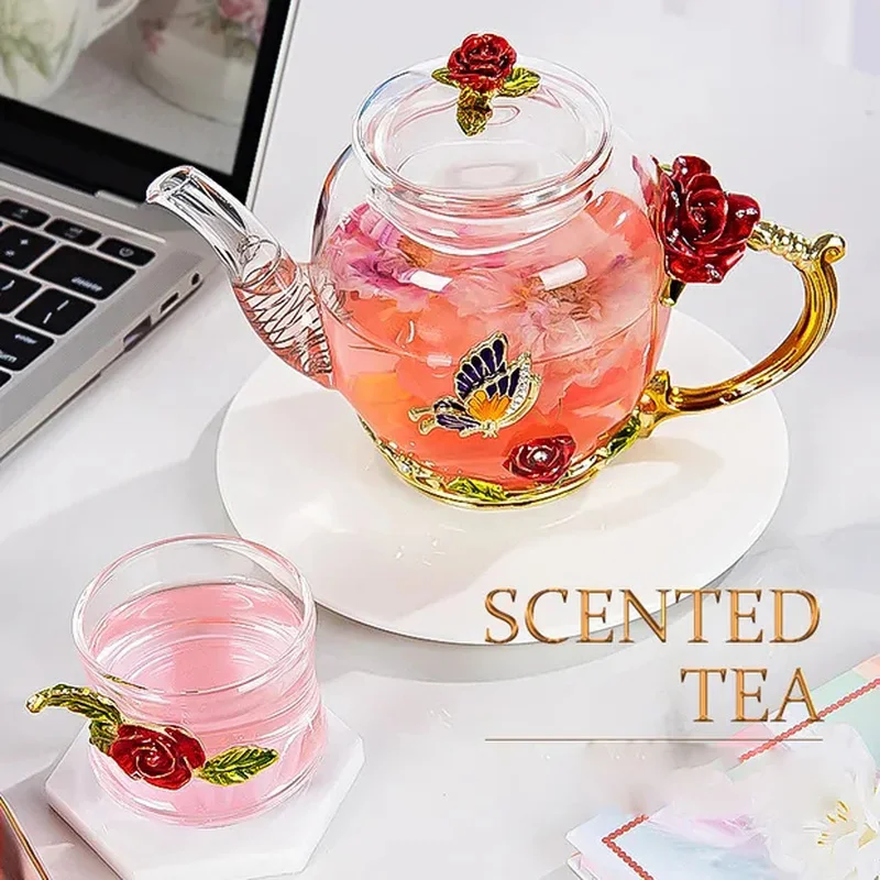 

Красная роза из эмалированного хрустального стекла, чайный сервиз, Набор чашек, цветочные чайные стеклянные чашки для горячих и холодных на...