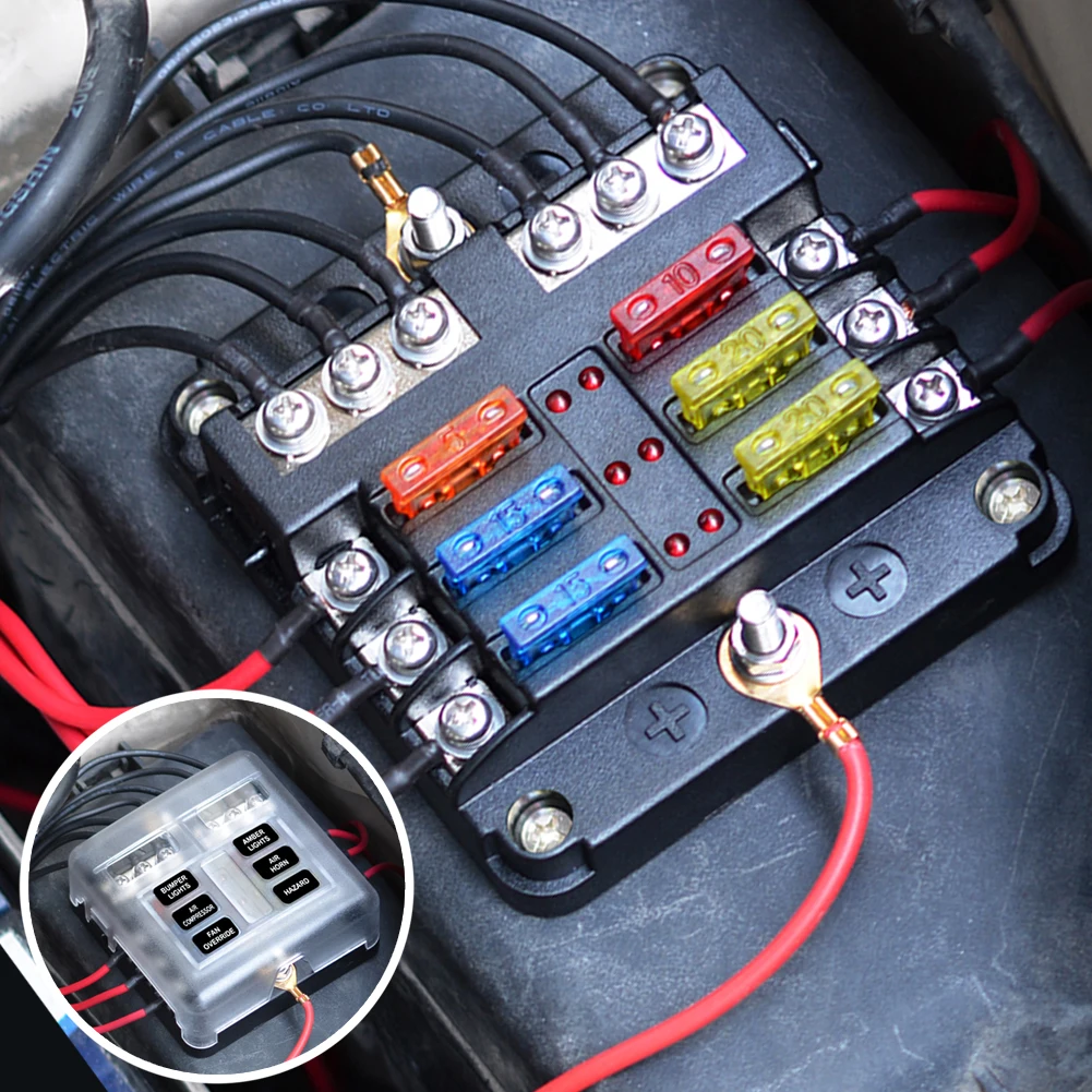 Plastic Cover Fuse Box Holder Automotive 12V 6-Way LED Blade Holder Block Case with Negative for Auto Car Boat Marine Trike
Plastic Cover Fuse Box Holder Automotive 12V 6-Way LED Blade Holder Block Case with Negative for Auto Car Boat Marine Trike
