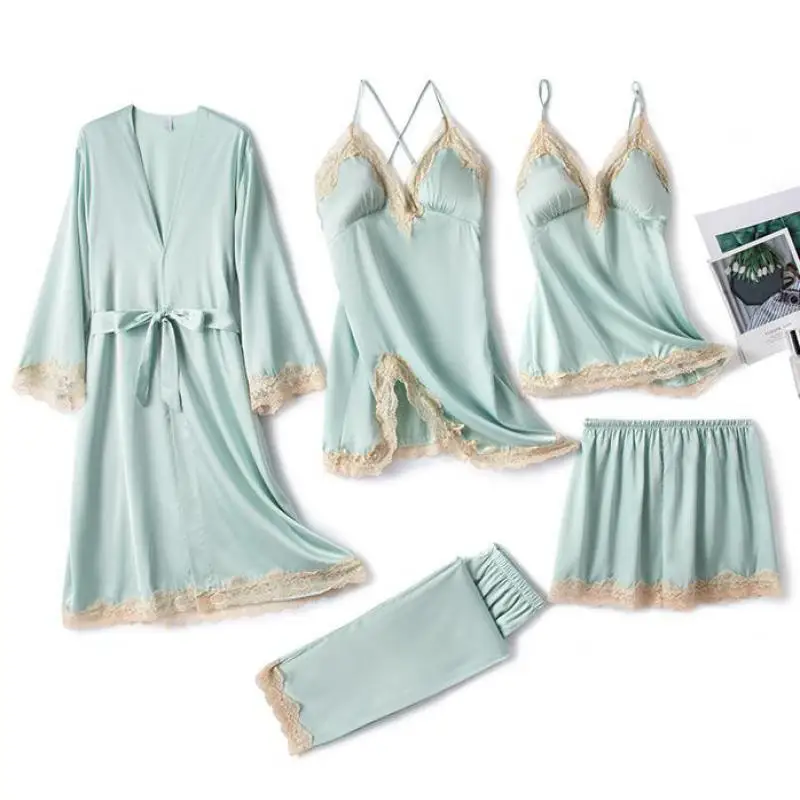 Sexy 5PCS Women Pajamas Suit Faux Silk Nightwear Casual Intimate Lingerie Kimono Bathrobe Gown Lace Sleepwear Pyjamas Homewear
Sexy 5PCS Women Pajamas Suit Faux Silk Nightwear Casual Intimate Lingerie Kimono Bathrobe Gown Lace Sleepwear Pyjamas Homewear
