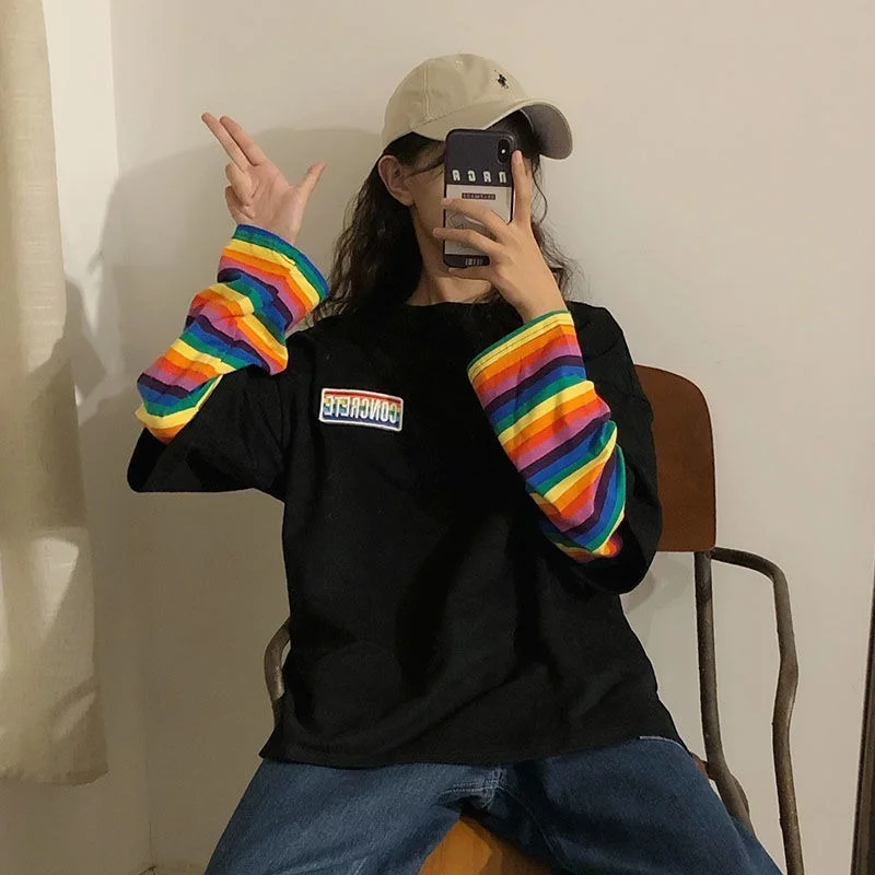 QWEEK Korean Fashion Rainbow Striped Long Sleeve T-shirt for Women 2021 Autumn White Tops Tee Shirt Female Kpop Alt Clothes
QWEEK Korean Fashion Rainbow Striped Long Sleeve T-shirt for Women 2021 Autumn White Tops Tee Shirt Female Kpop Alt Clothes