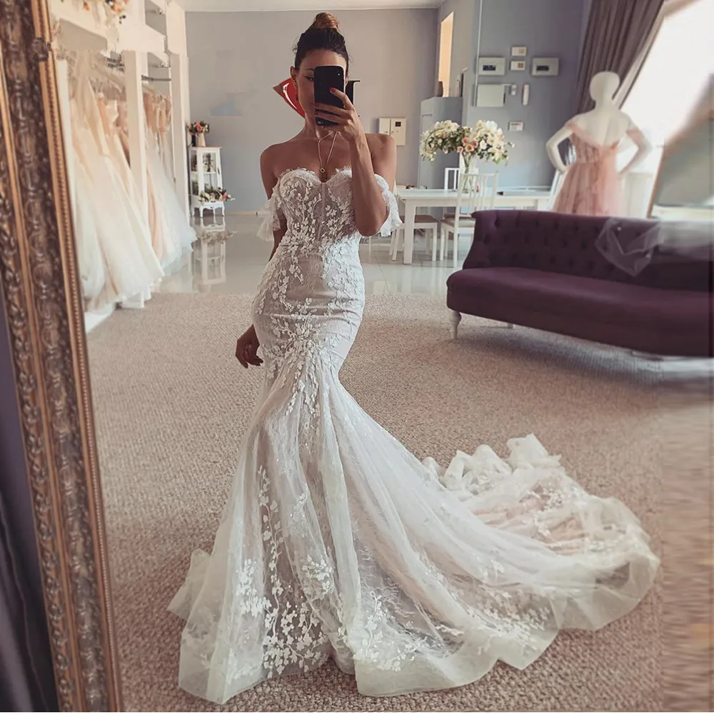 

DREAM Mermaid Wedding Dress 2023 Off Shoulder Ivory Lace Tulle Applique Bride Dresses Long Train Sweetheart Sexy Wedding Gowns