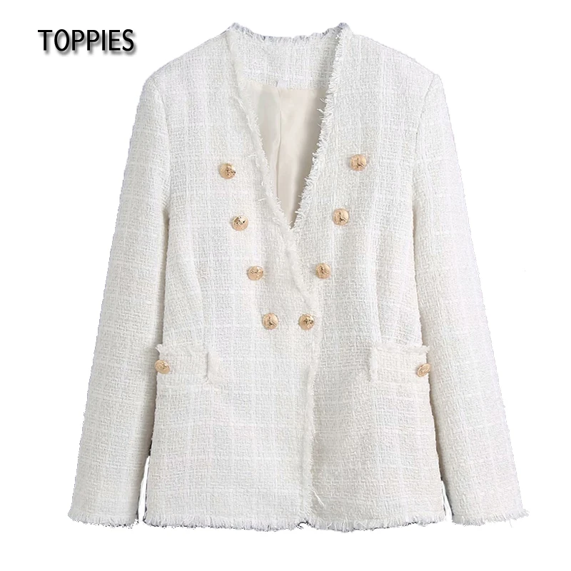 Toppies White Twill Tweed Jacket Vintage Tassel Coat V-neck Double Breasted Women Suit Indie Folk Style Female Outwear
Toppies White Twill Tweed Jacket Vintage Tassel Coat V-neck Double Breasted Women Suit Indie Folk Style Female Outwear