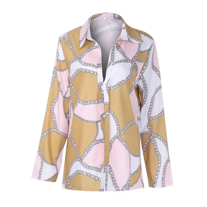 2019 Autumn Women's Long Sleeve Vintage V-neck Chain Print Shirt Turn-Down Collar Loose Tops T Shirt OL Ladies Casual Shirts 
2019 Autumn Women's Long Sleeve Vintage V-neck Chain Print Shirt Turn-Down Collar Loose Tops T Shirt OL Ladies Casual Shirts