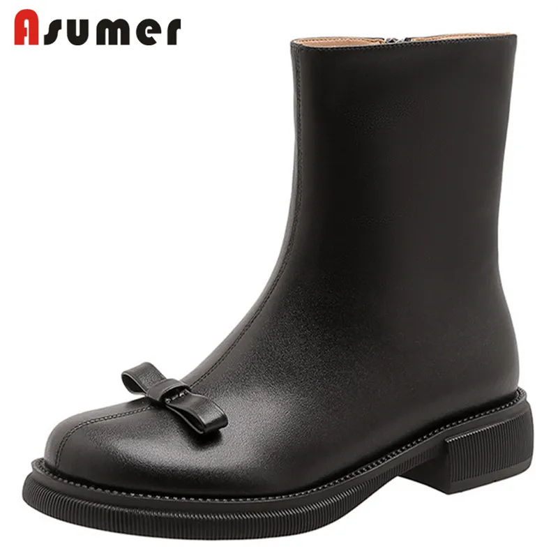Женские ботинки на плоской подошве Asumer, черные повседневные ботинки из натуральной кожи, с круглым носком и бантом, 2022
Женские ботинки на плоской подошве Asumer, черные повседневные ботинки из натуральной кожи, с круглым носком и бантом, 2022
