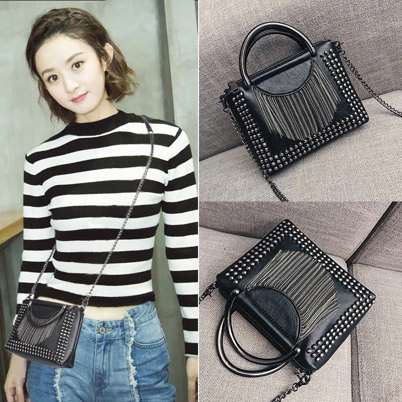 Women's Handbag Korean Style Rivet Tassel Shoulder Bag Fashion Versatile Chain Messenger Bag Simple Female's Black Shopping Bag
Women's Handbag Korean Style Rivet Tassel Shoulder Bag Fashion Versatile Chain Messenger Bag Simple Female's Black Shopping Bag