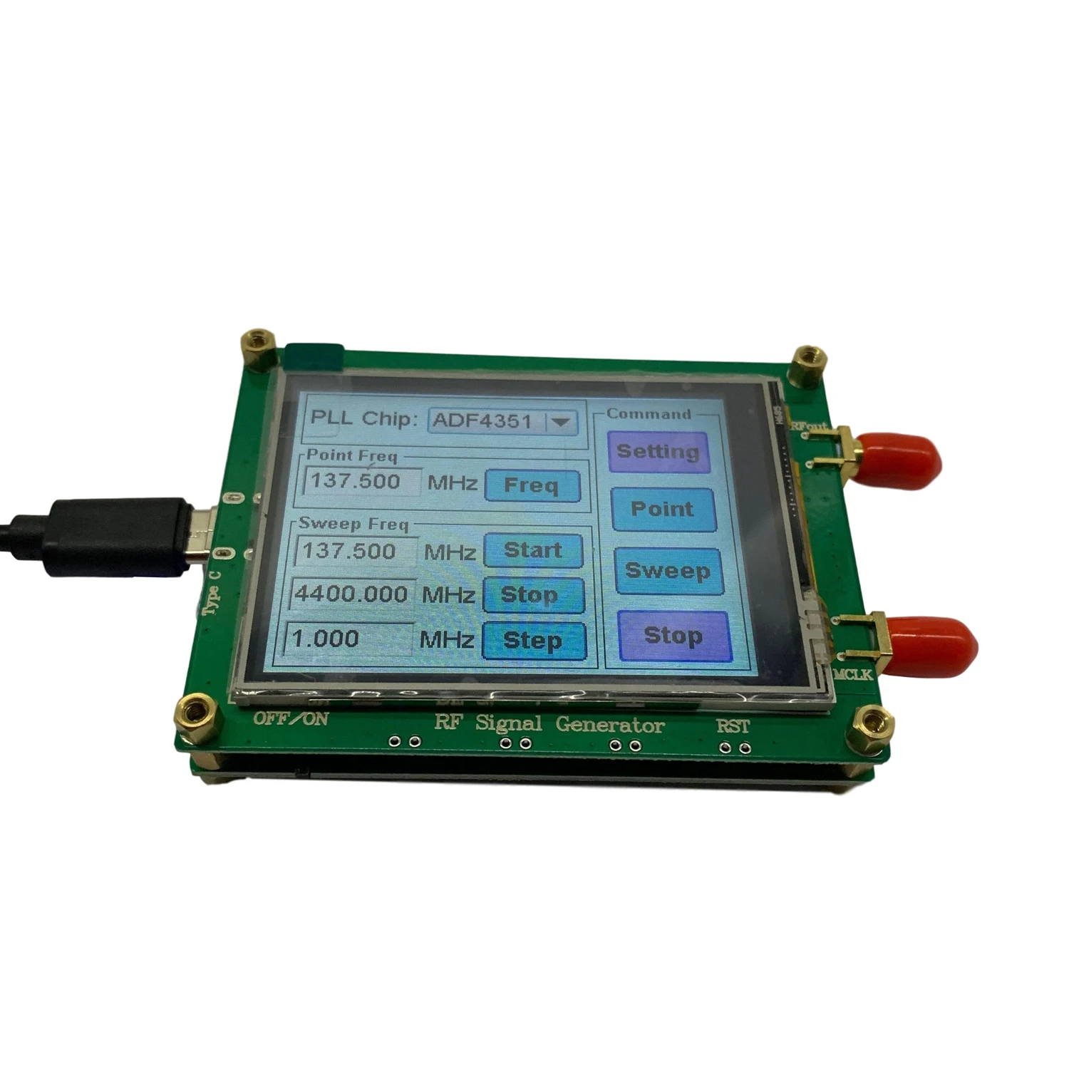 ADF4351 RF Sweep Signal Source Frequency Generator Board 35M-4.4G with Touching Screen 35M-4.4G Signal Generator
ADF4351 RF Sweep Signal Source Frequency Generator Board 35M-4.4G with Touching Screen 35M-4.4G Signal Generator