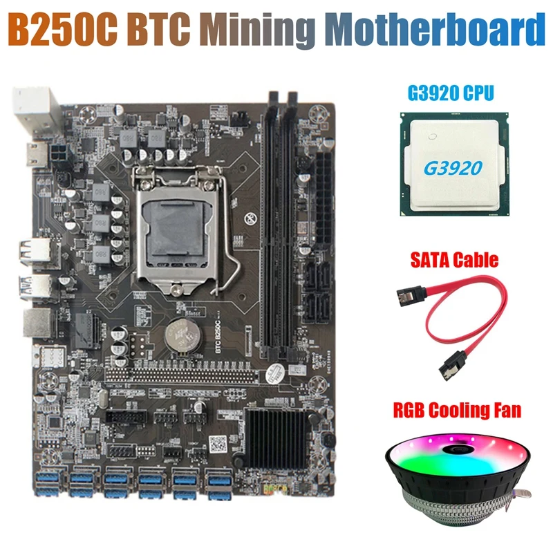 B250C BTC Mining Motherboard with RGB CPU Fan+G3920 CPU+SATA Cable 12 PCIE to USB3.0 GPU Slot LGA1151 Support DDR4 RAM
B250C BTC Mining Motherboard with RGB CPU Fan+G3920 CPU+SATA Cable 12 PCIE to USB3.0 GPU Slot LGA1151 Support DDR4 RAM