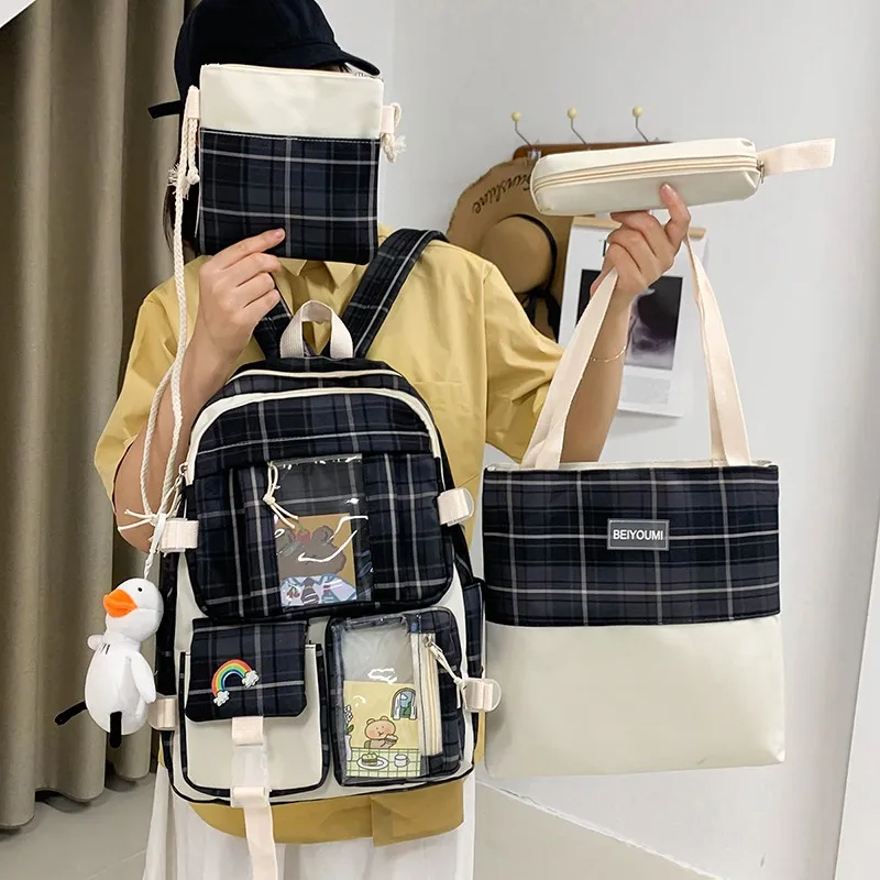 4-piece Set Fashion Women Backpack Trend Nylon Plaid School Bag For Girls Large Capacity Backpack With Many Pockets Scoolbags
4-piece Set Fashion Women Backpack Trend Nylon Plaid School Bag For Girls Large Capacity Backpack With Many Pockets Scoolbags