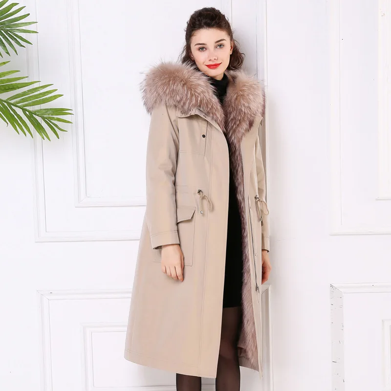 

Big Large Natural Raccoon Collar Hooded Long Jacket Women Real Rabbit Fur Inside Coat Parka Ladies Winter Warm Outwear