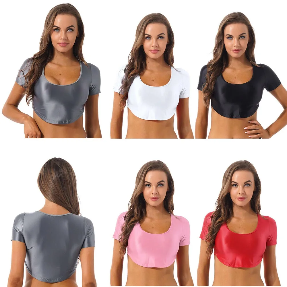 

Sexy Women Glossy Curved Hem Crop Top Short Sleeve T-shirt Scoop Neck Skintight Midriff Blouse