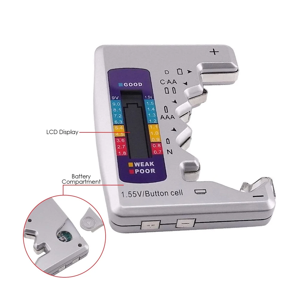 Digital Universal Battery Tester Battery Checker for all battery C AA AAA D N 9V 1.5V ButtonCell Small Mini Batteries Nice
Digital Universal Battery Tester Battery Checker for all battery C AA AAA D N 9V 1.5V ButtonCell Small Mini Batteries Nice