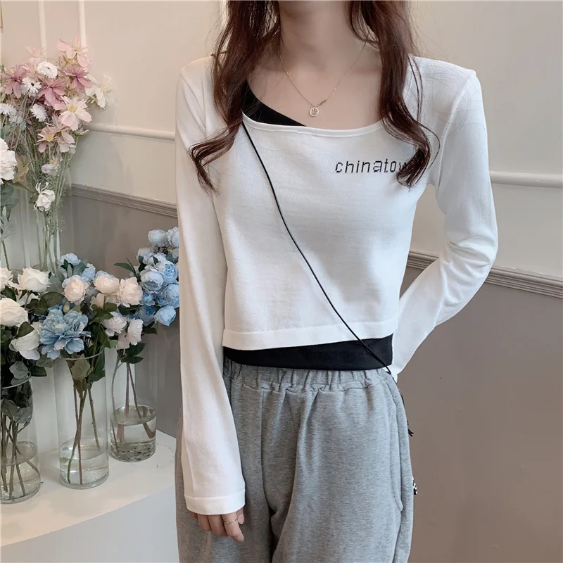 Обманка из двух частей Женский Топ с длинным рукавом короткий схемный дизайн 
Обманка из двух частей Женский Топ с длинным рукавом короткий схемный дизайн