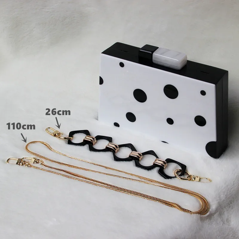 Fashion Women Evening Bag Black White Dot Acrylic Chain Handbags Luxury trapezoid Party Wedding Bags Vintage Box Clutch 
Fashion Women Evening Bag Black White Dot Acrylic Chain Handbags Luxury trapezoid Party Wedding Bags Vintage Box Clutch