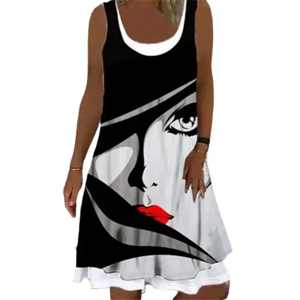 Women Loose Dress Face Oil Painting Printing Round Neck Sleeveless Fake Two-piece Leisure Hem Loose Summer Dresses Daily Wear
Women Loose Dress Face Oil Painting Printing Round Neck Sleeveless Fake Two-piece Leisure Hem Loose Summer Dresses Daily Wear