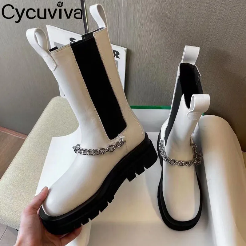 Round toe Thick Bottom Mid-calf Boots Women Black Bhite Fashion Motorcycle Boots Luxury Brand Leather Ankle Boots Female Winter
Round toe Thick Bottom Mid-calf Boots Women Black Bhite Fashion Motorcycle Boots Luxury Brand Leather Ankle Boots Female Winter
