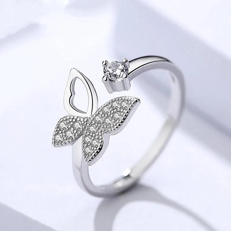 Popular Cute Butterfly Ring Romantic Charm Lady Opening Adjustable Inlay Zircon Silver Color Ring Trendy Lady Valentine Day Gift
Popular Cute Butterfly Ring Romantic Charm Lady Opening Adjustable Inlay Zircon Silver Color Ring Trendy Lady Valentine Day Gift