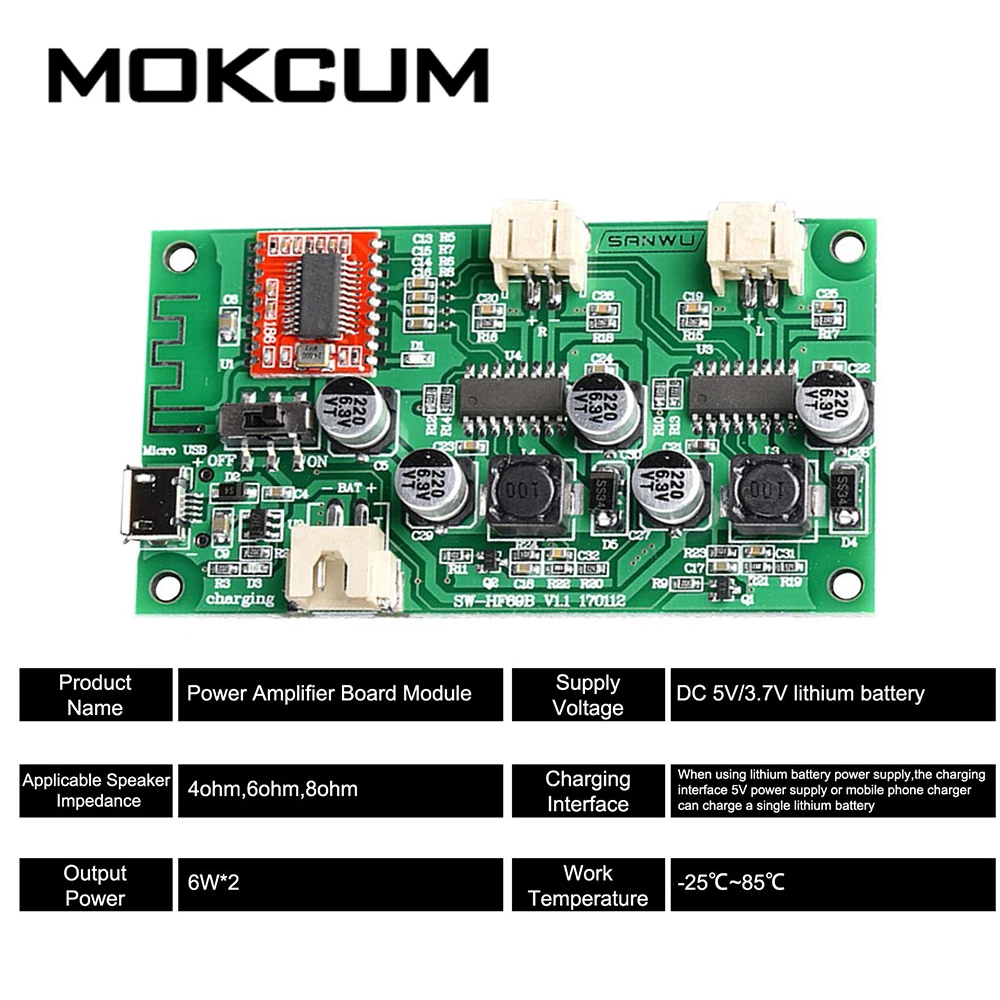 Digital Power Amplifier Board Module 2*6W Speaker Modification Board DC 5V/3.7V Connected to Lithium battery charging management
Digital Power Amplifier Board Module 2*6W Speaker Modification Board DC 5V/3.7V Connected to Lithium battery charging management