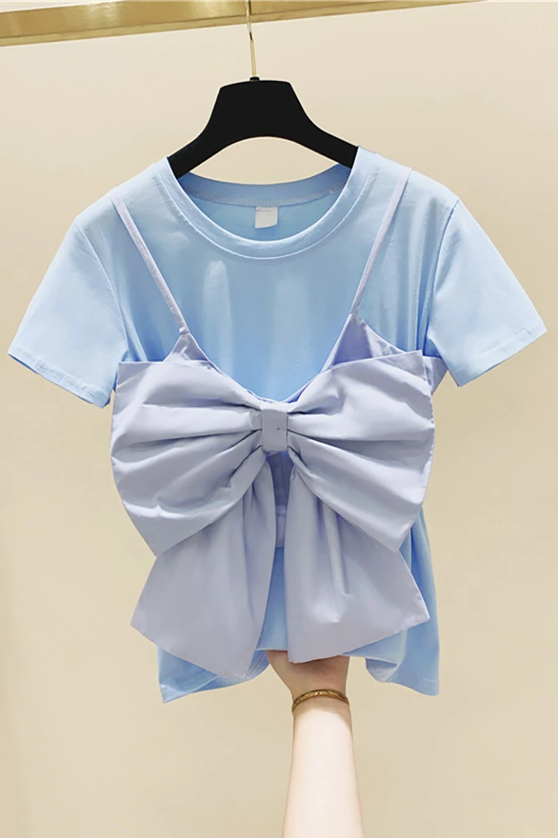 2021 Summer Korean Bow Decoration Sling Short Sleeve Round Neck Cotton T-shirt Women Top Two-Piece Suit Fashion Kawaii Clothes
2021 Summer Korean Bow Decoration Sling Short Sleeve Round Neck Cotton T-shirt Women Top Two-Piece Suit Fashion Kawaii Clothes