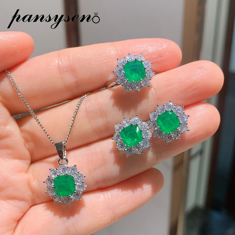 PANSYSEN 100% 925 Sterling Silver Created Moissanite Emerald Gemstone Necklace/Earrings/Ring Set Wholesale Wedding Jewelry Sets
PANSYSEN 100% 925 Sterling Silver Created Moissanite Emerald Gemstone Necklace/Earrings/Ring Set Wholesale Wedding Jewelry Sets
