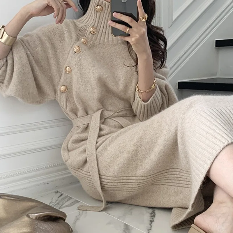 Winter Turtleneck Buttons Women Knitted Dress Elegant Lone Sleeve Lace-up Female Thicken Midi Sweaters Fashion Vintage Vestidos
Winter Turtleneck Buttons Women Knitted Dress Elegant Lone Sleeve Lace-up Female Thicken Midi Sweaters Fashion Vintage Vestidos