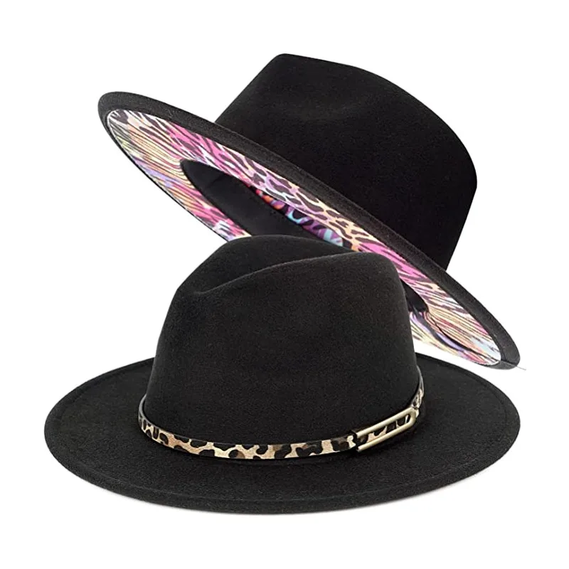 

Simple Leopard Patchwork Wide Brim Fedora Hat Church Derby Top Hat Panama Felt Fedoras Hat Men Women artificial style Jazz Cap