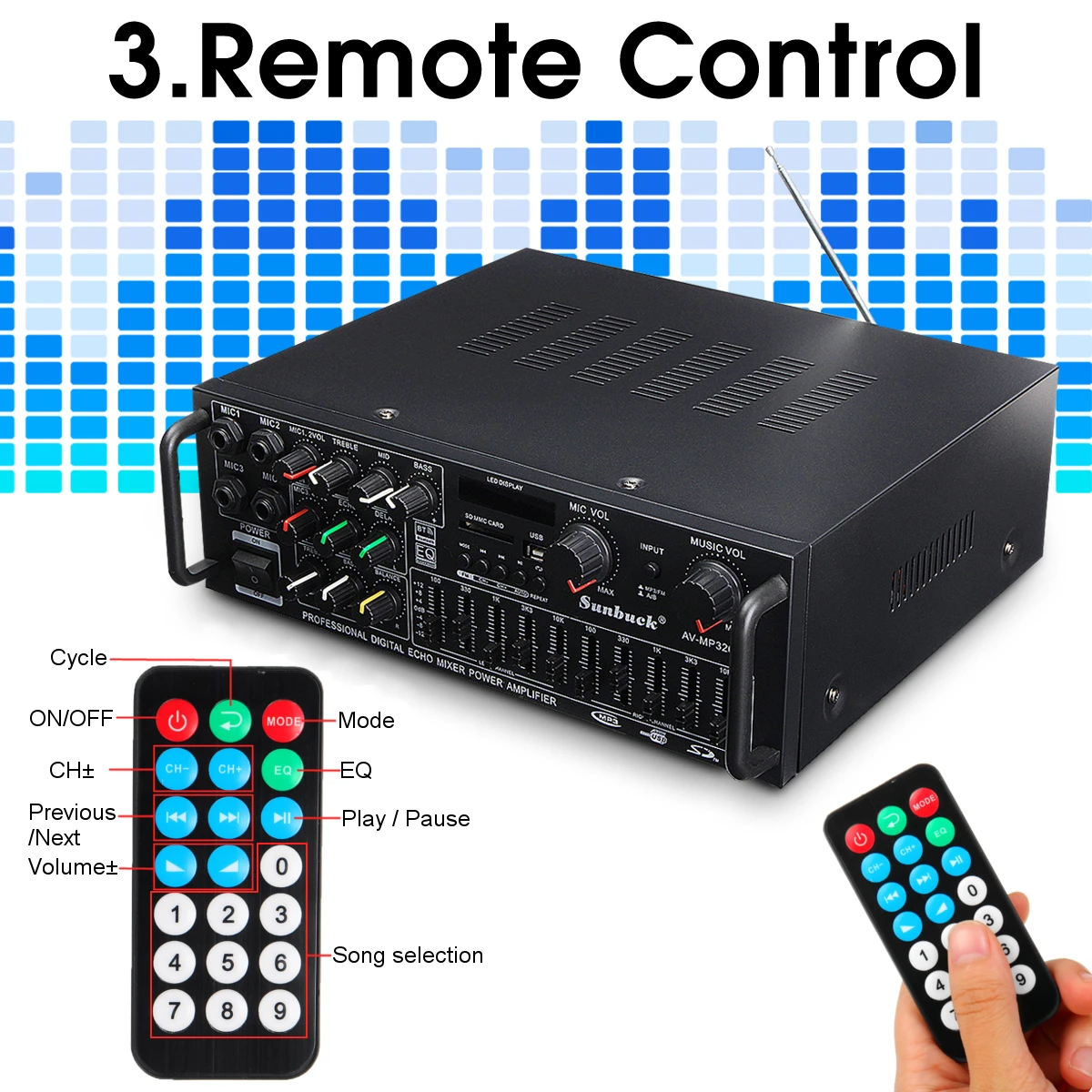 SUNBUCK bluetooth Channel 4000W Audio Power HiFi Amplifier 326BT 12V/220V AV Amp Speaker with Remote Control for Car Home
SUNBUCK bluetooth Channel 4000W Audio Power HiFi Amplifier 326BT 12V/220V AV Amp Speaker with Remote Control for Car Home