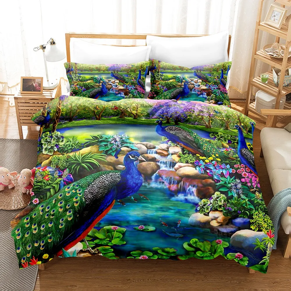 

Комплект постельного белья с 3d-изображением павлина, с рисунком животного, пододеяльник, одеяло, постельное белье в подарок, для двуспально...