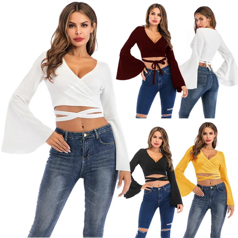 New Style Flared Long Sleeve Sexy V-Neck Expose Navel Women T-Shirt Spring Autumn 2022 Solid Color Lace Up Short White Tops
New Style Flared Long Sleeve Sexy V-Neck Expose Navel Women T-Shirt Spring Autumn 2022 Solid Color Lace Up Short White Tops