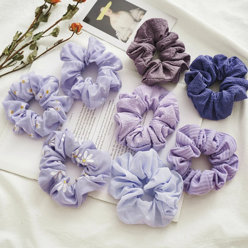 

Chiffon Purple Scrunchies Women Floral Elastic Hair Bands Girls Hair Accessories Striped Ponytail Holder Daisy Rubber Hair Ties
