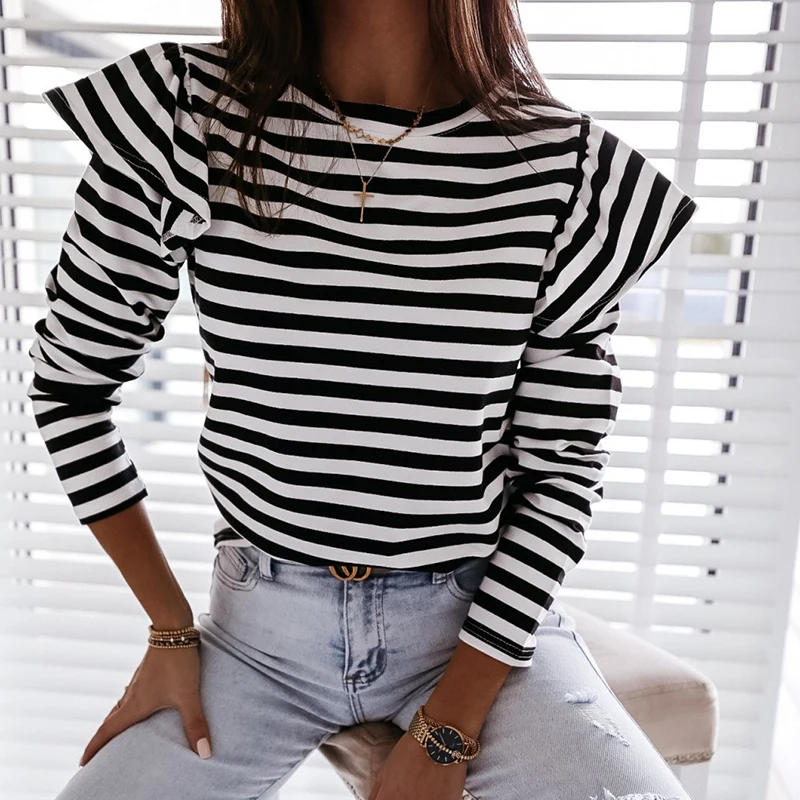 Striped Ruffle Blouses and Shirts Spring Autumn Long Sleeve Fashion Woman Blouses 2021 O-Neck Casual Women's Shirt Top Female
Striped Ruffle Blouses and Shirts Spring Autumn Long Sleeve Fashion Woman Blouses 2021 O-Neck Casual Women's Shirt Top Female