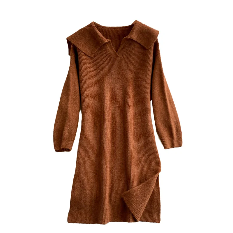 Large Lapel Knitted Dress Girl Autumn Winter Solid Color Midi Loose Lazy Doll Collar Dress Women Age Reducing Sweater Knit Dress
Large Lapel Knitted Dress Girl Autumn Winter Solid Color Midi Loose Lazy Doll Collar Dress Women Age Reducing Sweater Knit Dress