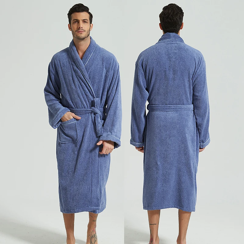 Мужской удлиненный халат из 100% хлопка домашний с длинными рукавами флисовая