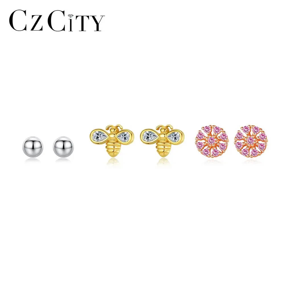 

CZCITY 925 Sterling Silver 3 Pairs Stud Earrings Set Cubic Zircon Cute Small Bee Flower Round Fine Jewelry for Girl Party SE-474