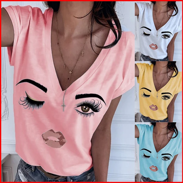 Summer Cute Funny Camisetas Women Causal Short Sleeve Eye Lip Printed Graphic Plus Size V Neck Tops Female Fashion Loose T Shirt
Summer Cute Funny Camisetas Women Causal Short Sleeve Eye Lip Printed Graphic Plus Size V Neck Tops Female Fashion Loose T Shirt