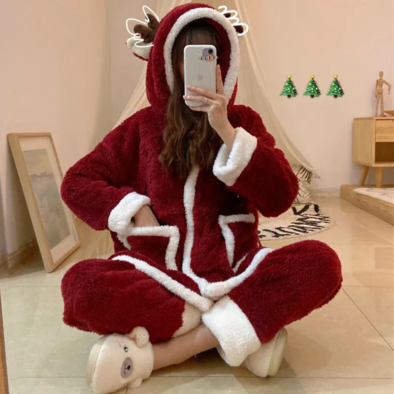 Fdfklak Pyjama Pour Femme New Hooded Christmas 2 Piece Set Thicken Flannel Winter Pajama Wine Red Velvet Warm Home Clothes
Fdfklak Pyjama Pour Femme New Hooded Christmas 2 Piece Set Thicken Flannel Winter Pajama Wine Red Velvet Warm Home Clothes