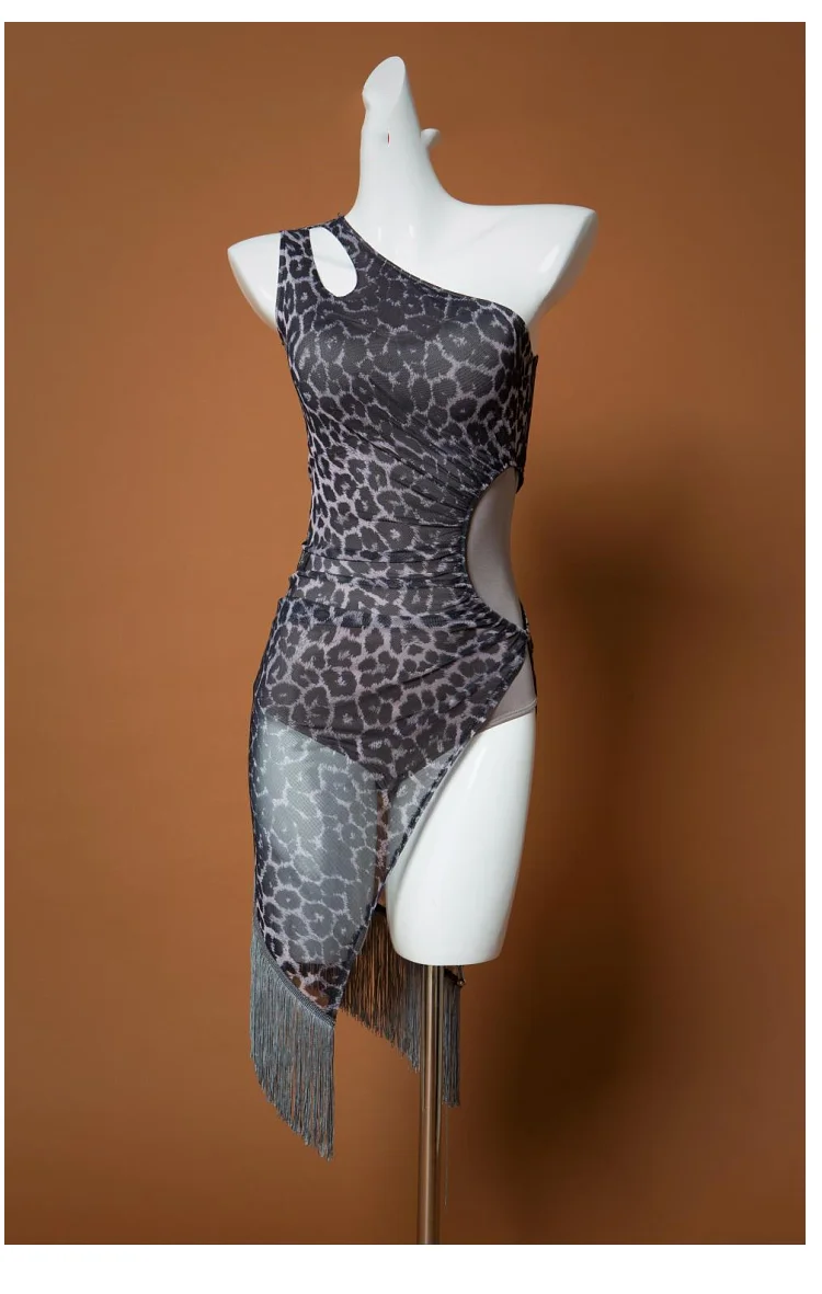 Женское платье для латиноамериканских танцев с леопардовым принтом и кисточками