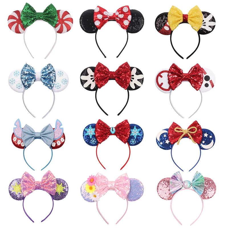 

10pcs Disney Mickey Stitch Frozen Ears Headband Sequins Hair Bows Charactor Women Festival Hairband Girls Hair Accessories Party