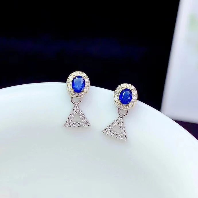 

charming blue gemstone stud earrings for lady ornament real 925 silver natural sapphire lucky birthstone Sep Virgo birthday gift