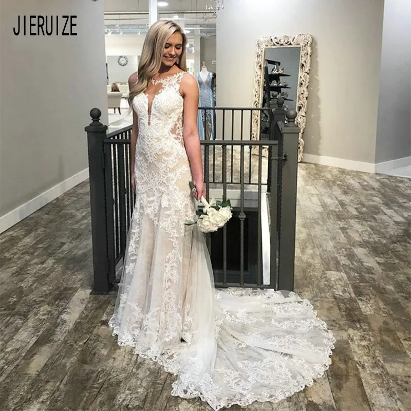 JIERUIZE Gorgeous Backless Mermaid Wedding Dresses Scoop Neck Appliques Sleeveless Bride Dresses Wedding Gowns Robe De Mariee 
JIERUIZE Gorgeous Backless Mermaid Wedding Dresses Scoop Neck Appliques Sleeveless Bride Dresses Wedding Gowns Robe De Mariee