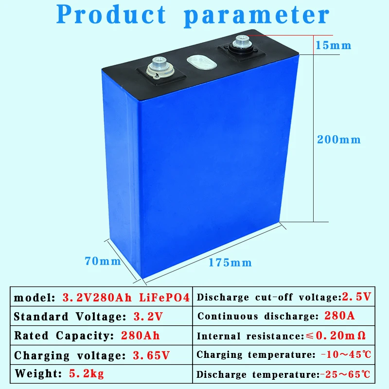3.2V 280Ah LiFePO4 battery, large capacity 280000mAh high rate rechargeable battery, RV solar and wind energy system battery
3.2V 280Ah LiFePO4 battery, large capacity 280000mAh high rate rechargeable battery, RV solar and wind energy system battery