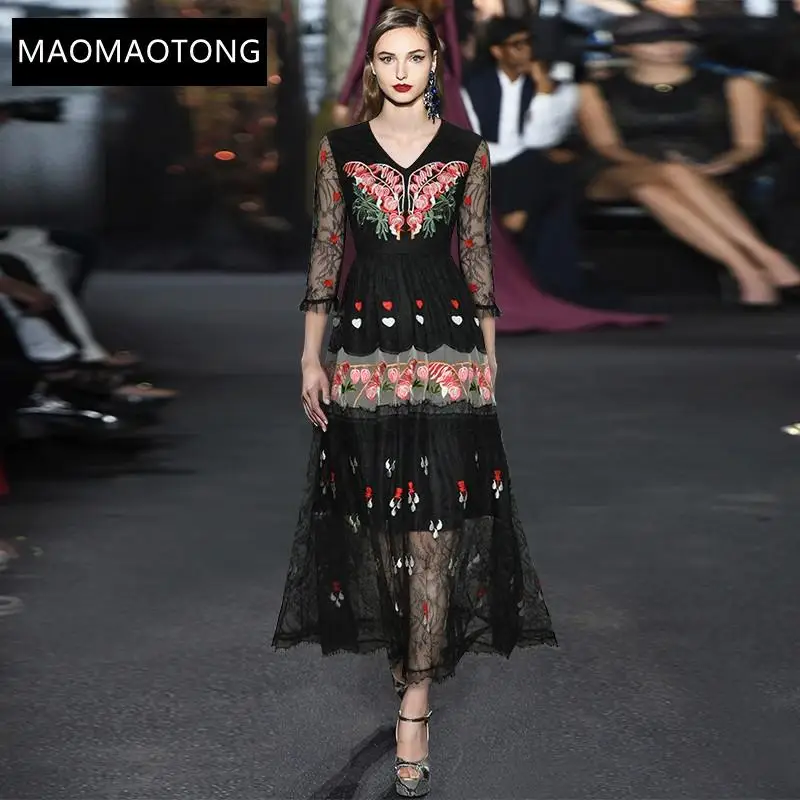 Fashion Designer Dress Spring Women's Dress V Neck Mesh Floral Heart-shaped Embroidery Elegant Vintage Black Dresses
Fashion Designer Dress Spring Women's Dress V Neck Mesh Floral Heart-shaped Embroidery Elegant Vintage Black Dresses