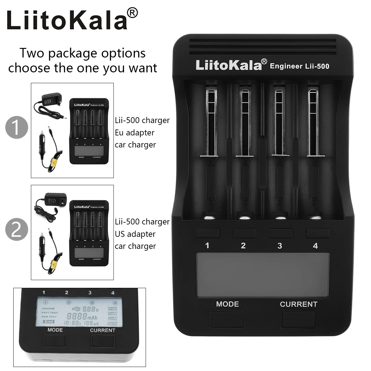 

Зарядное устройство Lii500 с 4 слотами и ЖК-дисплеем для аккумуляторов 3,7 в 1,2 в 18650 26650 16340 14500 10440 AA AAA Ni-MH/Ni-Cd/литиевых батарей