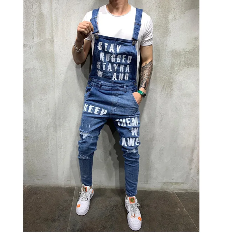 Men's Ripped Jeans Jumpsuits Ankle Length Letter printing Distressed Denim Bib Overalls For Men Suspender High Quality Pants
Men's Ripped Jeans Jumpsuits Ankle Length Letter printing Distressed Denim Bib Overalls For Men Suspender High Quality Pants
