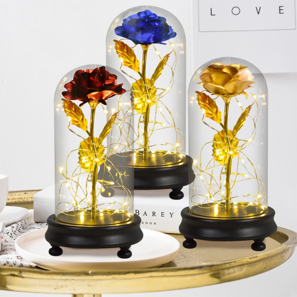 

Beauty and The Beast Gold Foil Galaxy Rose Flower LED Light Artificial Flowers In Glass Dome Mother Day Valentine Gift for Girls