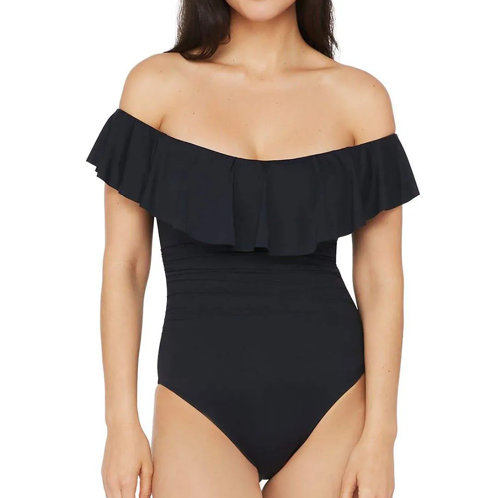 

Black Swimsuit Women Swimwear One Piece Ruffled Monokini Feminine Bikinis Bandeau Bodysuit Hollow Bathing Suits Sexy Beachwear